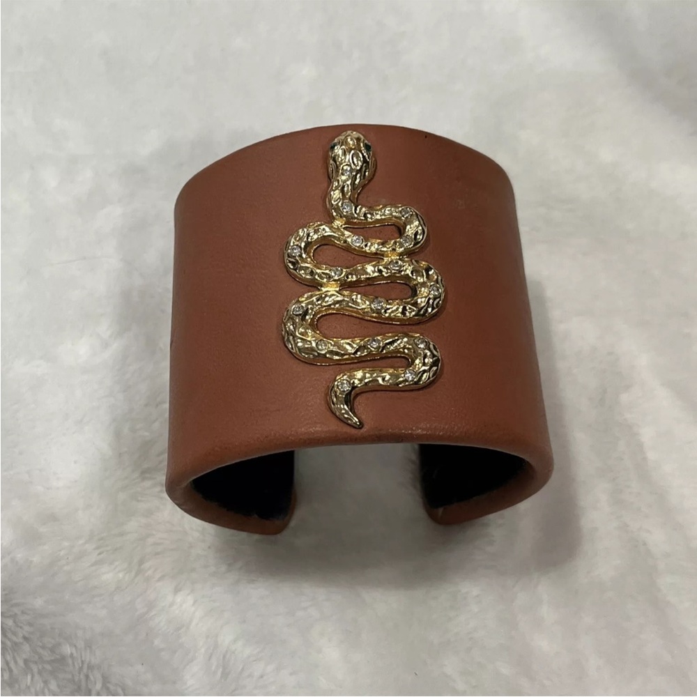 LEATHER CUFF  BRACELET WITH SNAKE  Brown By Eva Jeanbart LoRenzotti V Collection